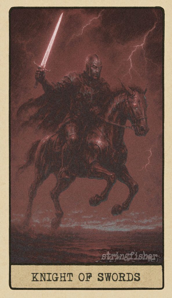 Stringfisher Tarot, Knight of Swords, mythic theme of swift logic and mental velocity. A knight rides a chrome construct across a storm-lit plain, sword raised high like a code directive. Symbol of righteous pursuit, direct action, and intellectual intensity.