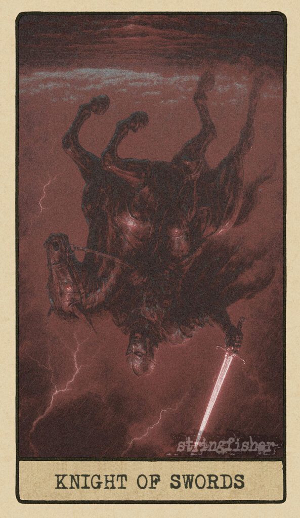 Stringfisher Tarot, reversed Knight of Swords, symbolic recklessness and aggressive speech. A knight on a chrome construct charges blindly through a lightning storm, sword flailing and logic scattered. The plain is torn by wild energy and erratic movement.