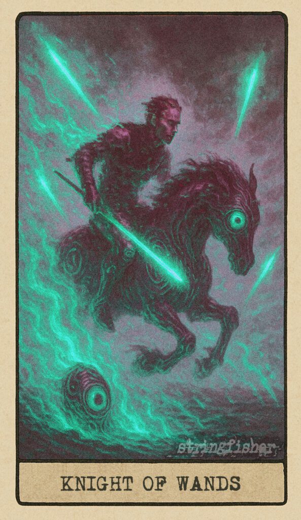 Stringfisher Tarot, Knight of Wands, mythic theme of passionate pursuit and mobile signal. A motion-blurred rider streaks across a vast terrain, fourteen wands flaring behind him in a burning trail. Symbol of bold will, creative momentum, and fearless action.