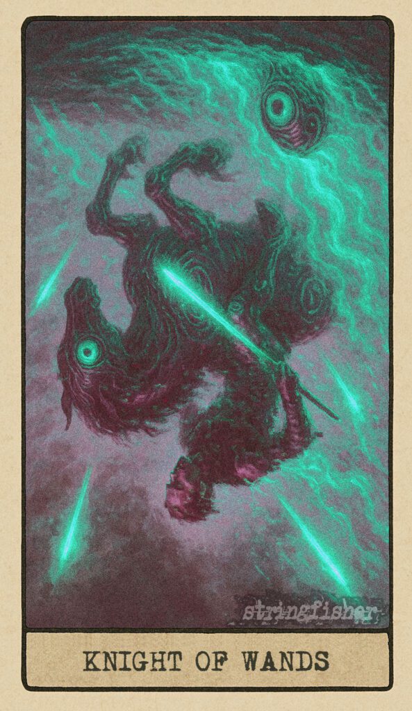 Stringfisher Tarot, reversed Knight of Wands, symbolic recklessness and destructive zeal. A motion-blurred rider careens off course, fourteen wands in his wake burning out of control. The terrain is scorched, and the energy is volatile and unchecked.