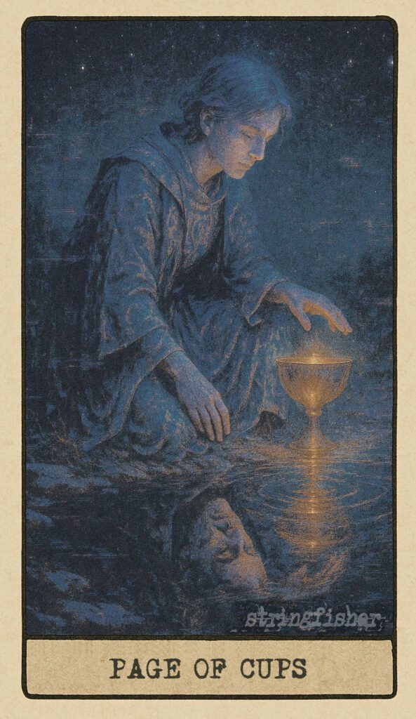 Stringfisher Tarot, Page of Cups, mythic theme of emotional discovery and innocent openness. A young figure kneels beside a stream, one hand hovering over a glowing cup. Their reflection in the water appears older, symbolizing emerging emotional insight.