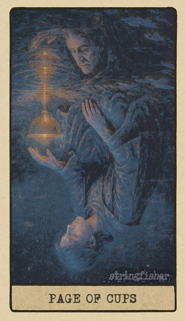 Stringfisher Tarot, reversed Page of Cups, symbolic hypersensitivity and emotional confusion. A figure kneels beside a stream, their hand trembling over a glowing cup. The reflection in the water is warped, older but distorted—signifying reactive emotion and moodiness.