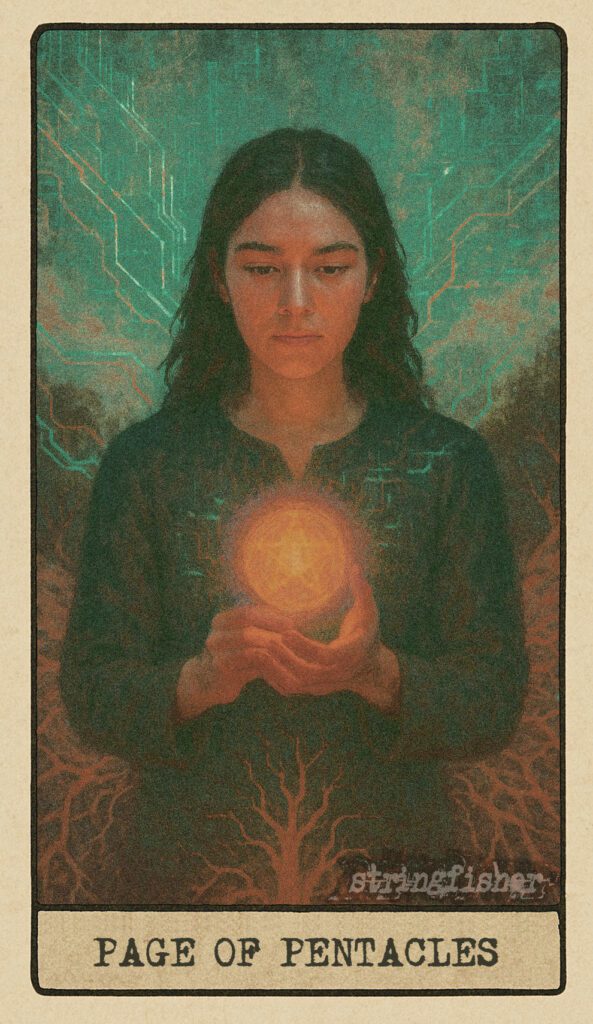 Stringfisher Tarot, Page of Pentacles, mythic theme of study and grounded curiosity. A young figure holds a single glowing Core like a flame. Behind them, branching paths of code and clay stretch into the distance. Symbol of learning, potential, and focused beginnings.