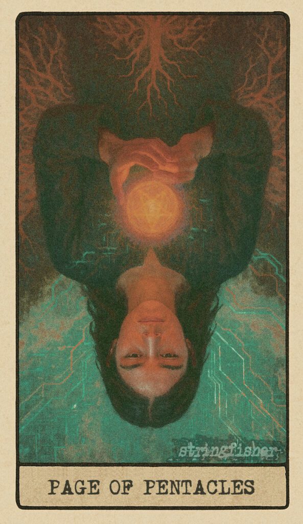 Stringfisher Tarot, reversed Page of Pentacles, symbolic inaction and scattered focus. A young figure holds a Core loosely, its glow dimming. The branching paths behind them fade into confusion. Symbol of naive expectations, missed opportunities, and unfocused beginnings.