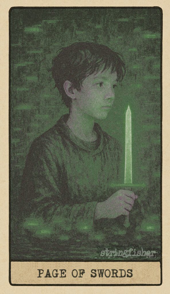 Stringfisher Tarot, Page of Swords, mythic theme of intellectual curiosity and new ideas. A youthful figure holds a sword like a stylus, surrounded by floating unfinished thoughts and blinking ideas. Symbol of first messages, mental alertness, and learning through discovery.