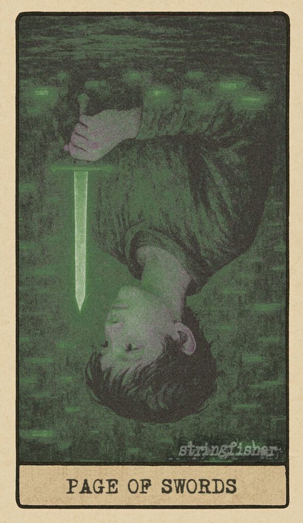 Stringfisher Tarot, reversed Page of Swords, symbolic gossip and mental overload. A youth holds a sword uncertainly as ideas whirl chaotically around them. The unfinished thoughts flicker, messages jumble, and clarity is lost to noise.