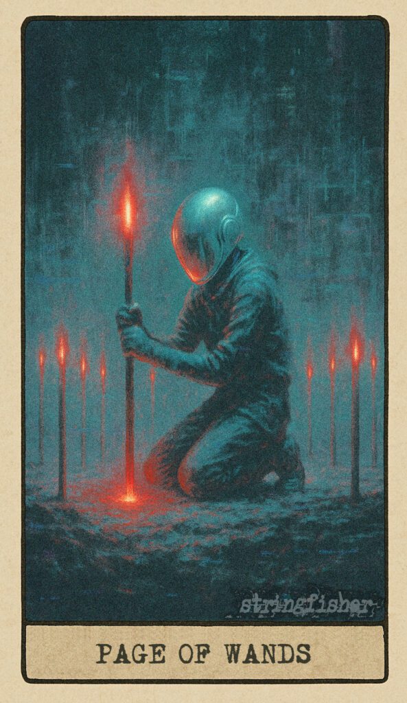 Stringfisher Tarot, Page of Wands, mythic theme of curiosity and creative initiation. A young figure kneels before a single wand, surrounded by thirteen others planted upright in a circle. Light reflects on their futuristic silver helmet, symbolizing fresh creative voice and learning to transmit.