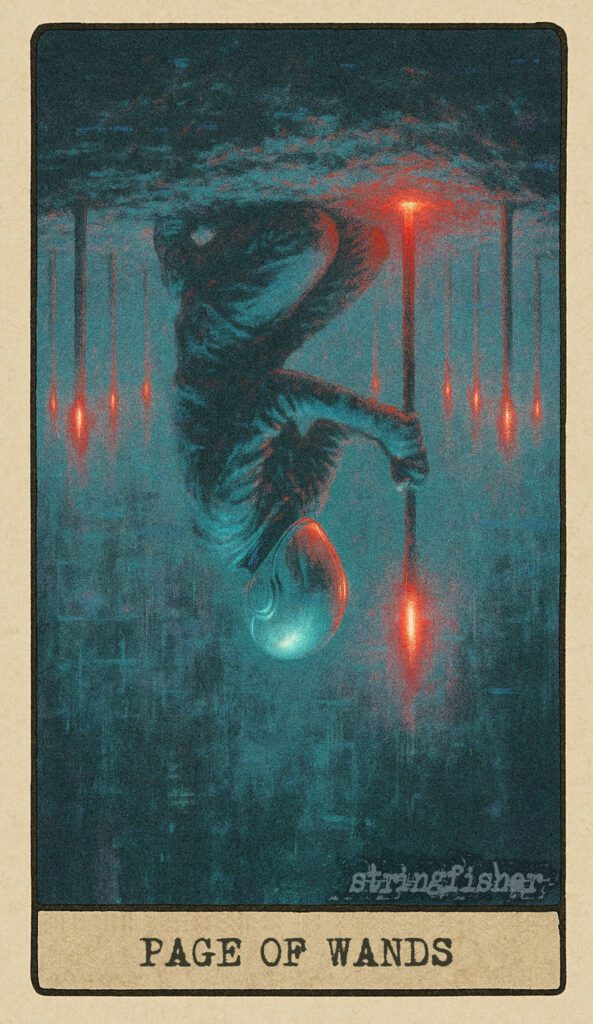 Stringfisher Tarot, reversed Page of Wands, symbolic naivety and scattered energy. A young figure kneels before a dim wand, surrounded by thirteen upright wands in a circle. The silver helmet is dull, the light scattered, and the scene is restless and unfocused.