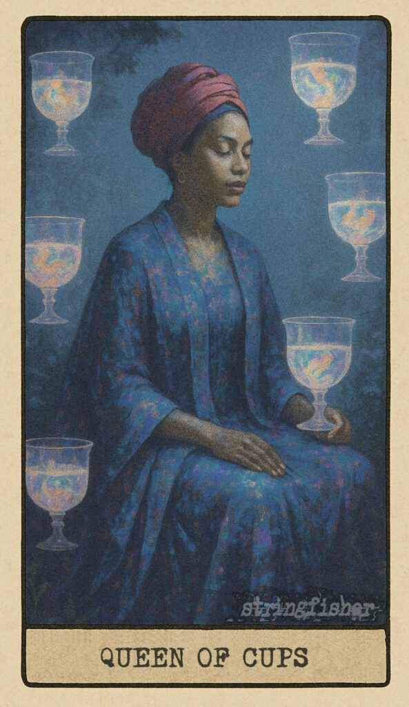 Stringfisher Tarot, Queen of Cups, mythic theme of emotional intelligence and sacred receptivity. A serene figure sits in a memory garden, surrounded by floating cups filled with recorded feelings. Her hands are still, reflecting deep emotional presence and intuitive mastery.