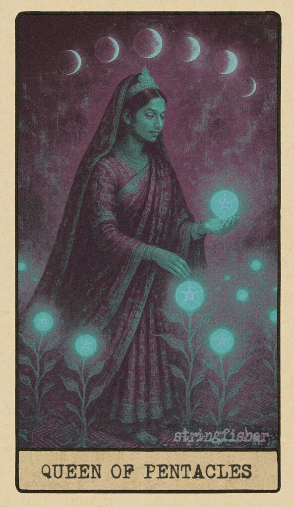 Stringfisher Tarot, Queen of Pentacles, mythic theme of nurturing and structured care. A serene figure tends a field of Core-plants, each glowing with energy that shifts with the phases of the moon. Her touch maintains the rhythm and health of the landscape. Symbol of wisdom, practical nurturing, and care as living code.