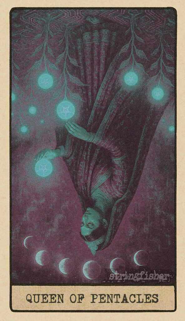 Stringfisher Tarot, reversed Queen of Pentacles, symbolic smothering control and overbearing habits. A figure moves restlessly through a field of wilting Core-plants, their energy out of sync with the moon. Her hands grip rather than tend. Symbol of lost fluidity, overprotection, and the dark side of routine.