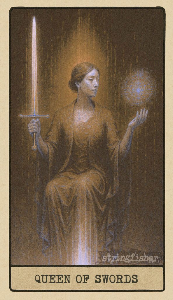 Stringfisher Tarot, Queen of Swords, mythic theme of keen perception and truth-bearing. A regal figure sits on a spire of light, holding a sword in one hand and a node of suspended data in the other. Symbol of sharp insight, truth, and clear intent.