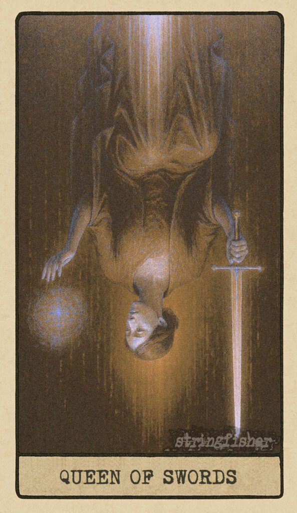 Stringfisher Tarot, reversed Queen of Swords, symbolic cold logic and emotional detachment. A regal figure sits on a spire of light, sword lowered and a dim node of data in her hand. The atmosphere is brittle, her gaze distant and unyielding.