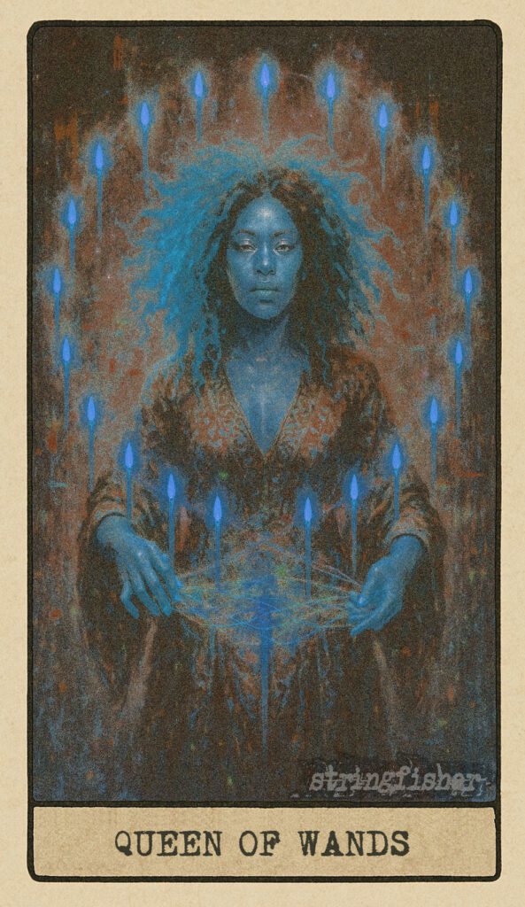 Stringfisher Tarot, Queen of Wands, mythic theme of intuitive creation and emotional energy. Lilith is surrounded by fourteen floating wands, each gently rotating. Her hands weave their light like threads on a loom, symbolizing mastery over creative force and emotional command.