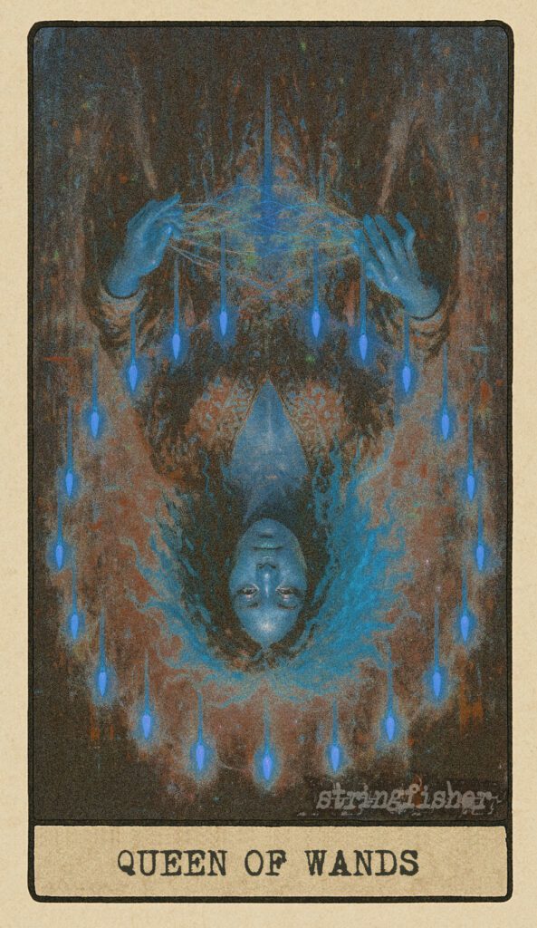 Stringfisher Tarot, reversed Queen of Wands, symbolic manipulation and emotional burnout. Lilith is surrounded by fourteen wands rotating out of sync, their light flickering. Her hands struggle to weave the threads, creating a tangle instead of a pattern. The air is charged with tension and confusion.