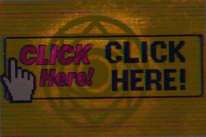 Retro glitch banner with pixelated hand cursor, bold “Click Here!” in magenta and black, and a yellow static background—classic 90s web ad style.
