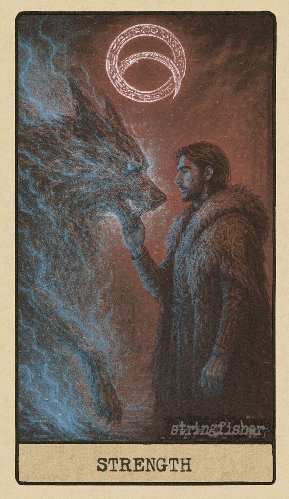 Strength tarot card from the Stringfisher Tarot deck, titled The Tamer Code. A calm figure rests their hand on a glowing static-wolf beneath a broken digital sky. A mythic embodiment of inner mastery in the Stringfishermythos.