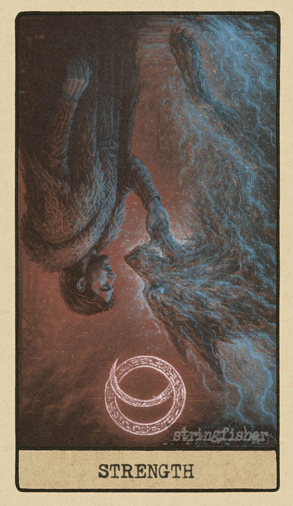 Reversed Strength tarot card from the Stringfisher Tarot deck, titled The Tamer Code. A static-wolf snarls out of control, untethered from the calm figure, surrounded by glitch-fire and emotional collapse. A moment of disintegration in the Stringfishermythos.