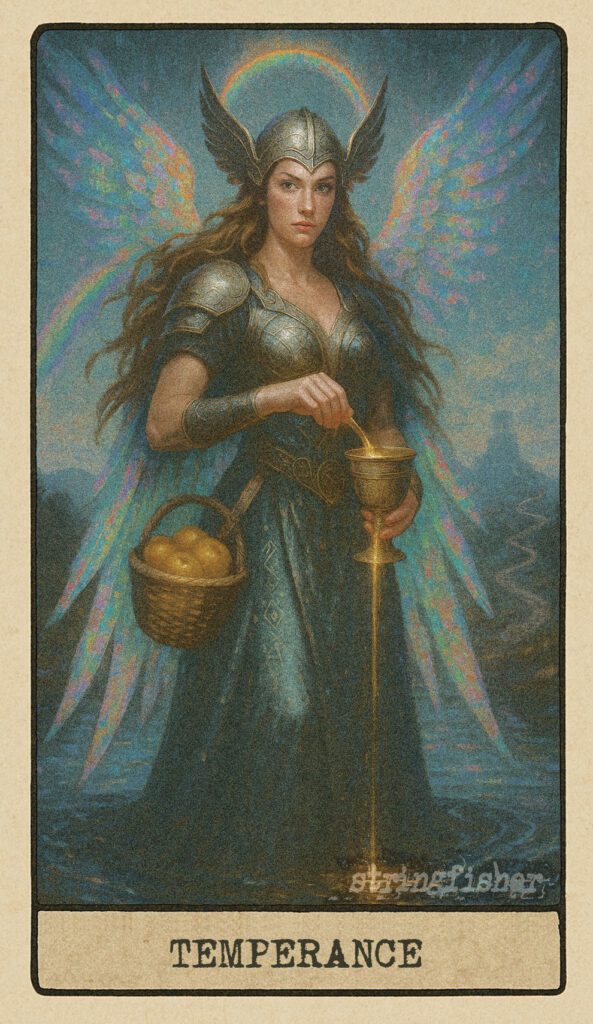 Temperance tarot card from the Stringfisher Tarot deck, titled The Aligned Flow. A radiant figure with rainbow wings blends golden nectar and light between two cups, standing between earth and code-water. A harmonizing force in the Stringfishermythos.
