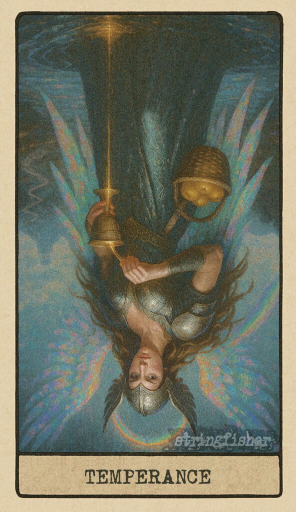 Reversed Temperance tarot card from the Stringfisher Tarot deck, titled The Aligned Flow. A radiant figure glitches mid-pour, with rainbow wings fractured and nectar spilling between unstable cups. A moment of energetic dissonance in the Stringfishermythos.