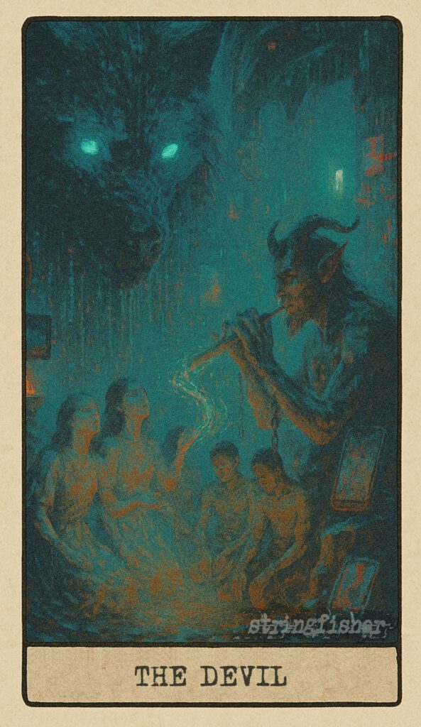 The Devil tarot card from the Stringfisher Tarot deck, titled The Echo Bind. A chained Fenrir watches as two humans dance entranced under Pan’s haunting melody, bathed in glitch-fire and seductive code. A shadow mirror within the Stringfishermythos.