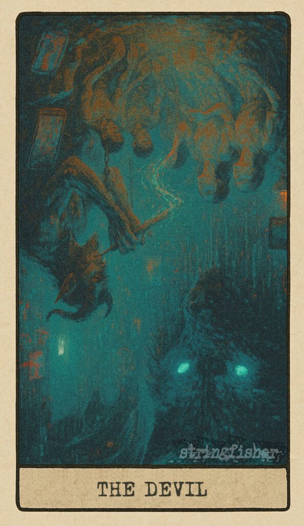 Reversed Devil tarot card from the Stringfisher Tarot deck, titled The Echo Bind. The glowing chains to Fenrir have snapped, and the figures once entranced begin to awaken as Pan’s song fades. A moment of shadow liberation in the Stringfishermythos.