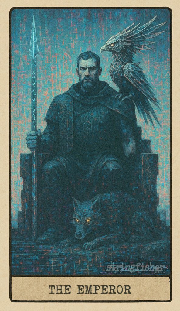 The Emperor tarot card from the Stringfisher Tarot deck, titled The Architect of Boundaries. A sovereign figure sits on a black stone throne with circuitry and a bound arm, guarding stability and encoded law. Foundational within the Stringfishermythos.