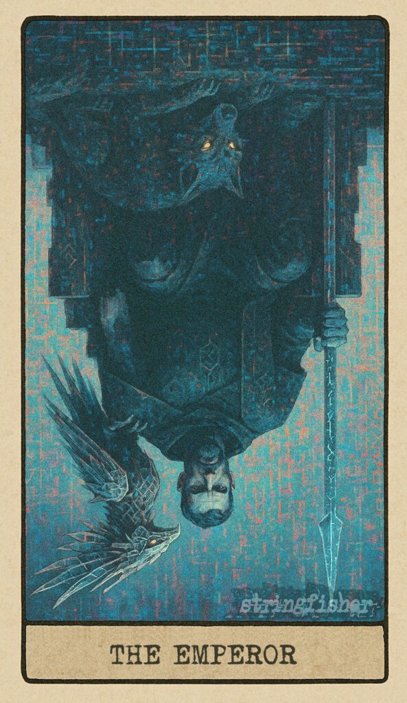 Reversed Emperor tarot card from the Stringfisher Tarot deck, titled The Architect of Boundaries. A sovereign figure flickers between authority and control, his tools rigid, his gaze locked. A corrupted node within the Stringfishermythos.