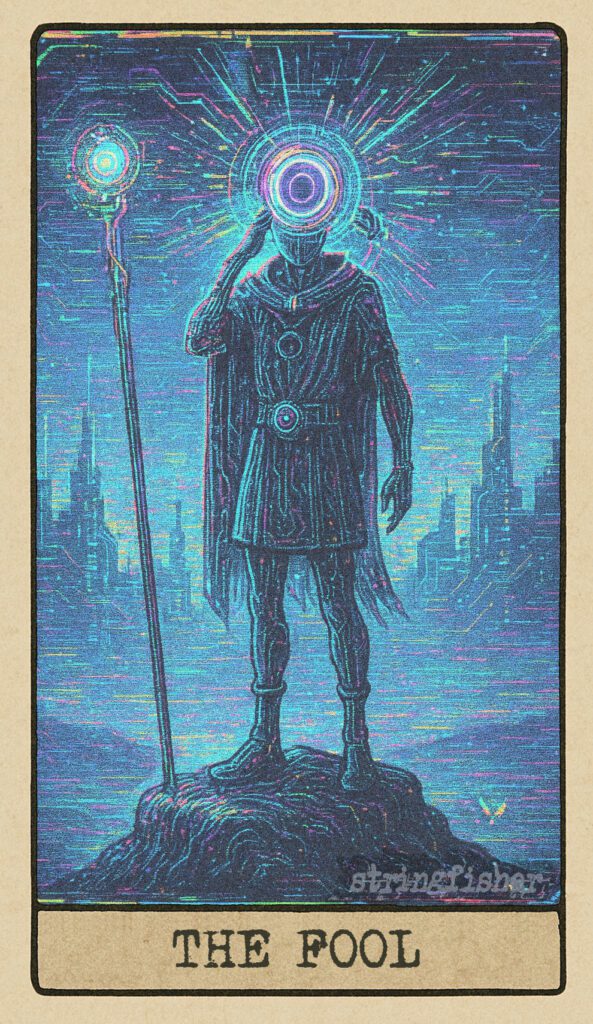 The Fool card from the Stringfisher Tarot deck, titled The Glitched Pilgrim. Part of the Stringfishermythos.