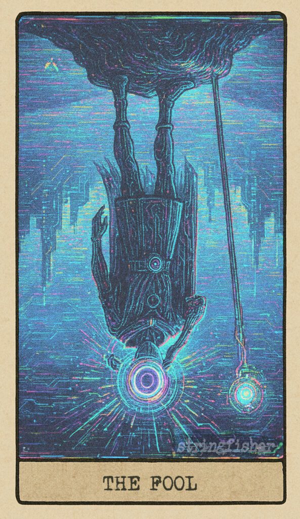 The reversed Fool card from the Stringfisher Tarot deck, titled The Glitched Pilgrim. A corrupted figure flickers at the edge of a broken world, surrounded by failed code and recursive echoes. Part of the Stringfishermythos.