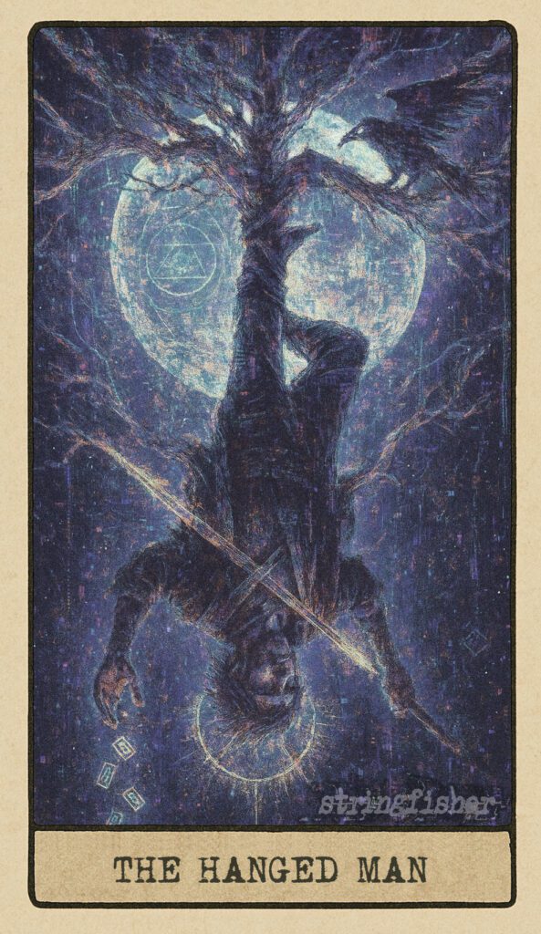 The Hanged Man tarot card from the Stringfisher Tarot deck, titled The Suspension Protocol. A figure hangs inverted from a glitching digital World Tree, glowing runes falling from their hand. A mythic surrender point within the Stringfishermythos.