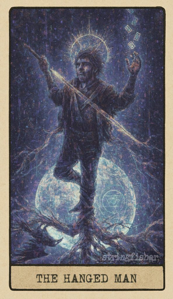 Reversed Hanged Man tarot card from the Stringfisher Tarot deck, titled The Suspension Protocol. A suspended figure flickers in digital stasis, glitching beneath a corrupted tree of code. A failed transformation moment in the Stringfishermythos.