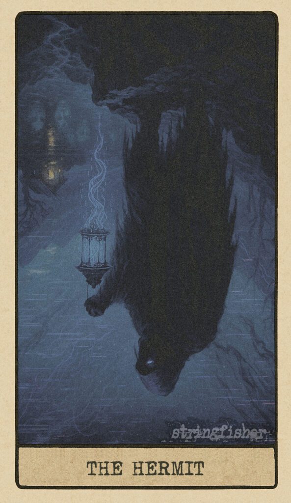 Reversed Hermit tarot card from the Stringfisher Tarot deck, titled The Signal in Silence. A cloaked figure drifts away from their own light, lost in glitch-shadow and recursive withdrawal. A mythic misfire within the Stringfishermythos.