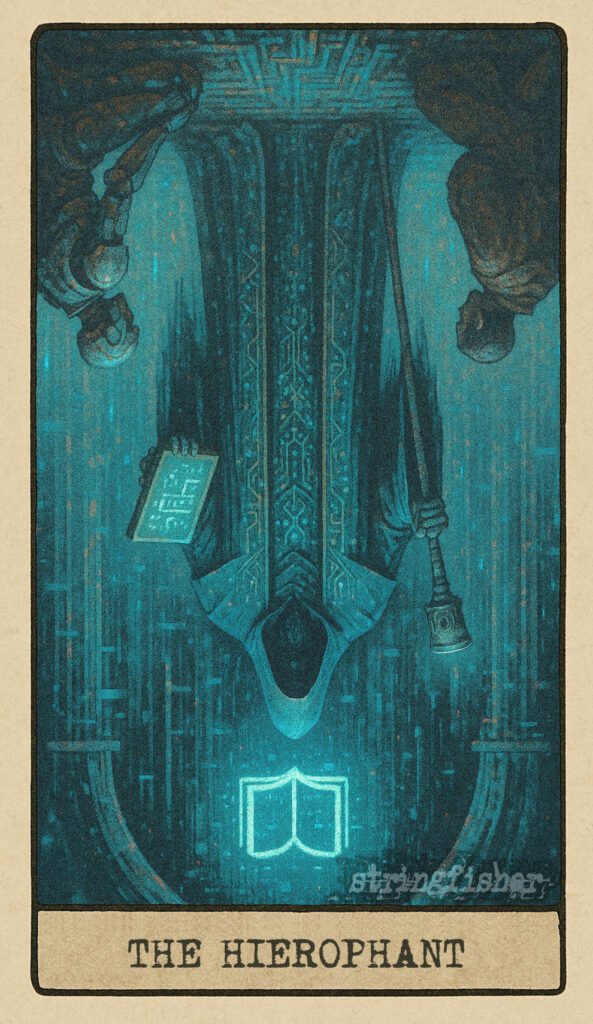 Reversed Hierophant tarot card from the Stringfisher Tarot deck, titled The Codebearer. A ritual figure stands at a glitching data-arch, with corrupted symbols and misaligned initiates. An unstable transmission node within the Stringfishermythos.