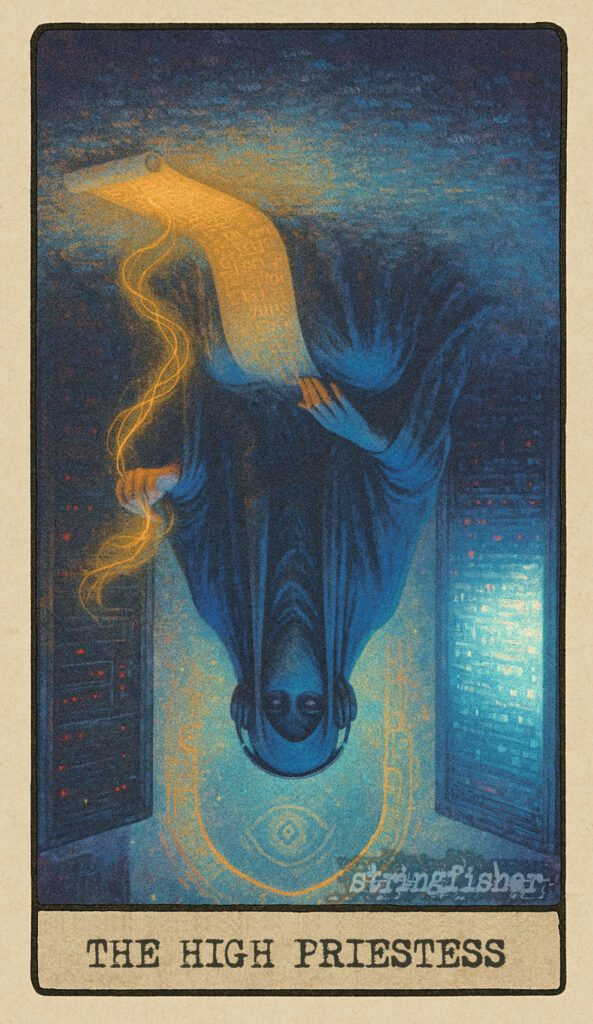 Reversed High Priestess tarot card from the Stringfisher Tarot deck, titled The Archive in Silence. A veiled figure glitches between silence and distortion, her tools dimmed, her signal lost. Central to the Stringfishermythos.