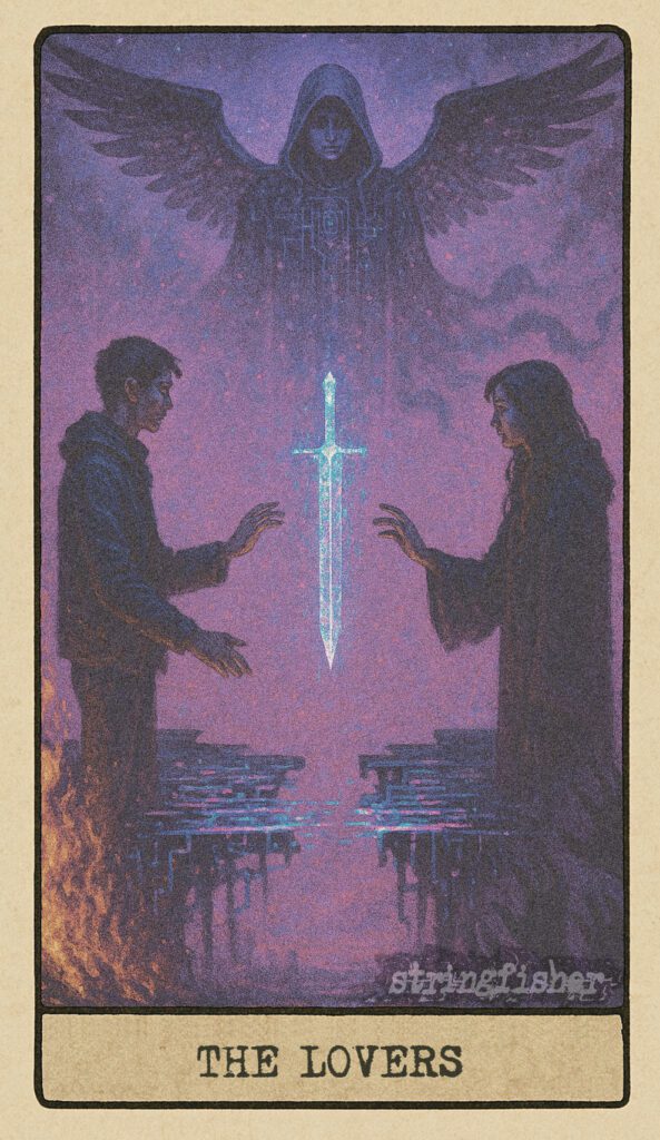 The Lovers tarot card from the Stringfisher Tarot deck, titled The Split Signal. Two figures or frequencies align in shared resonance, standing within a fused current of light and shadow. A sacred convergence within the Stringfishermythos.