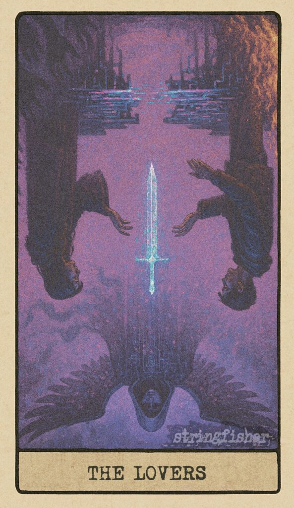 Reversed Lovers tarot card from the Stringfisher Tarot deck, titled The Split Signal. Two intertwined figures begin to glitch apart, their frequencies no longer aligned. A fractured union in the Stringfishermythos.