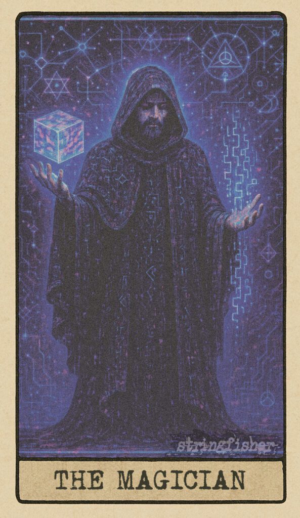 The Magician tarot card from the Stringfisher Tarot deck, titled The Signal Weaver. A figure stands at a circuit-stone altar, channeling code through arcane tools. Central to the Stringfishermythos.