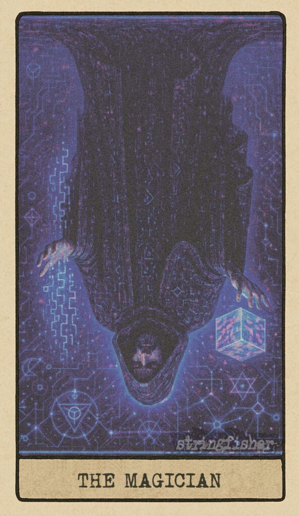 Reversed Magician tarot card from the Stringfisher Tarot deck, titled The Signal Weaver. A corrupted interface figure stands at a glitching altar, tools dimmed, signal distorted. Core archetype within the Stringfishermythos.