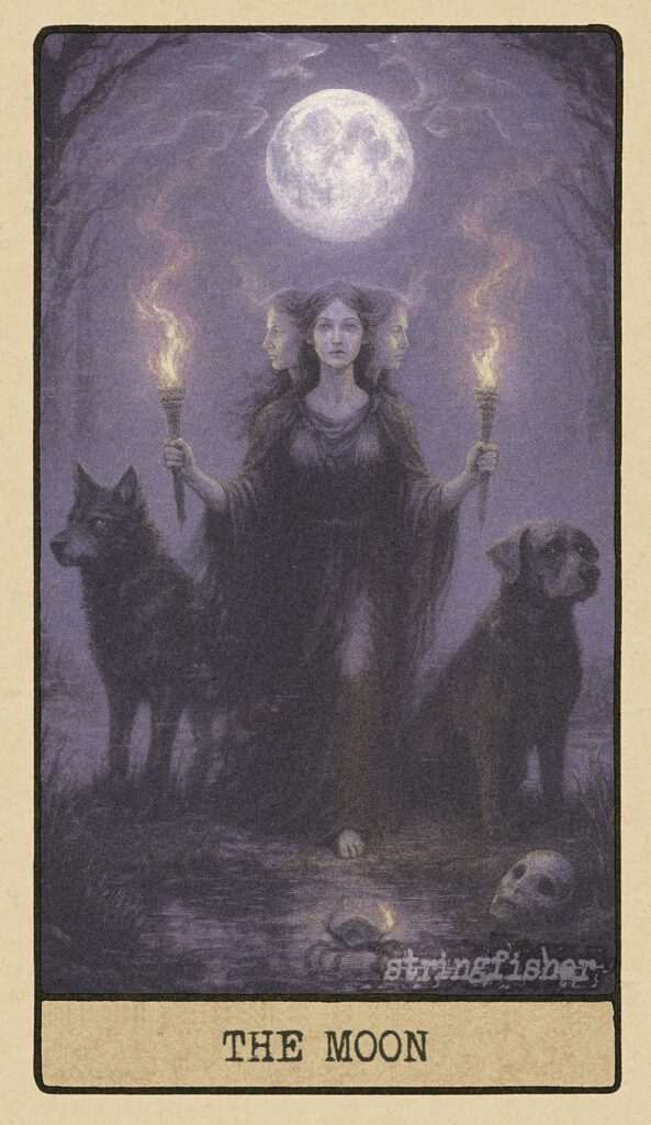 The Moon tarot card from the Stringfisher Tarot deck, titled The Liminal Pathway. A triple-faced Hecate stands beneath a flickering moon, flanked by a dog, a wolf, and looming shadow-wolves. A dreamlike path glows through mist in the Stringfishermythos.