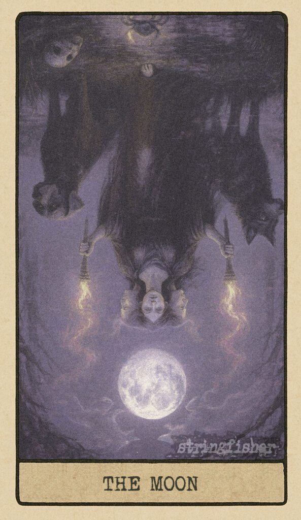 Reversed Moon tarot card from the Stringfisher Tarot deck, titled The Liminal Pathway. Hecate’s torches pierce the mist as the moon stabilizes. The path clears, the wolves retreat, and submerged symbols rise into conscious clarity. A moment of awakening in the Stringfishermythos.
