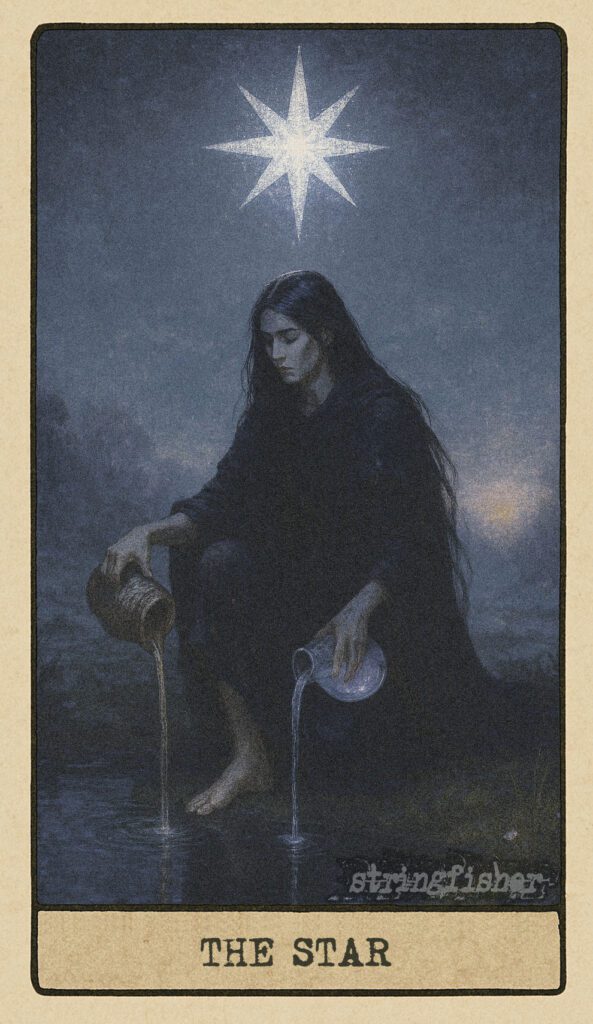 The Star tarot card from the Stringfisher Tarot deck, titled The Return Signal. A serene figure kneels between land and water, pouring from two vessels beneath a glowing pixelated star. A moment of quiet hope in the Stringfishermythos.