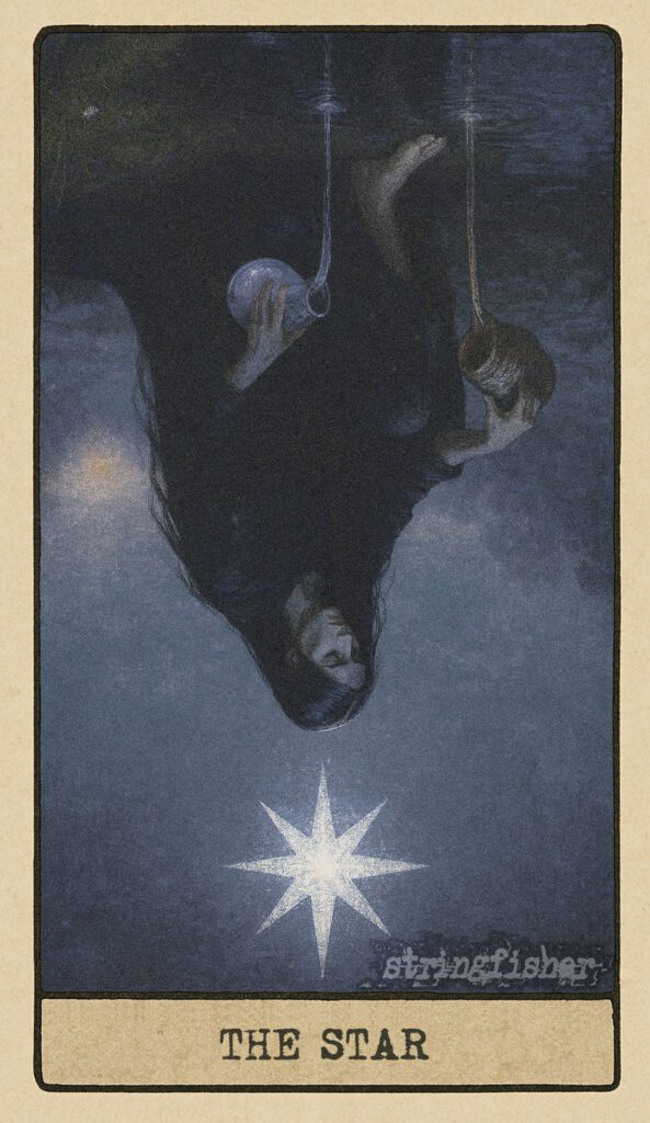 Reversed Star tarot card from the Stringfisher Tarot deck, titled The Return Signal. A lone figure kneels in shadow, their vessels empty, under a glitching star that flickers above a silent horizon. A moment of disconnection in the Stringfishermythos.