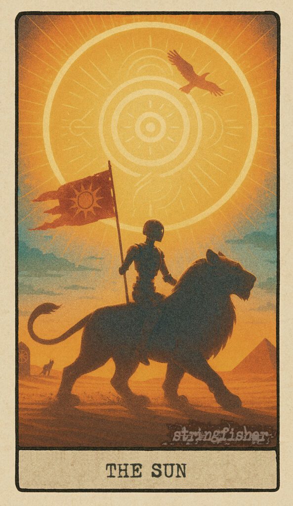 The Sun tarot card from the Stringfisher Tarot deck, titled The Reboot Light. A radiant android rides a mythic beast beneath a blazing symbol-laced sun. Sand and digital fragments sweep across the path in this luminous moment of the Stringfishermythos.
