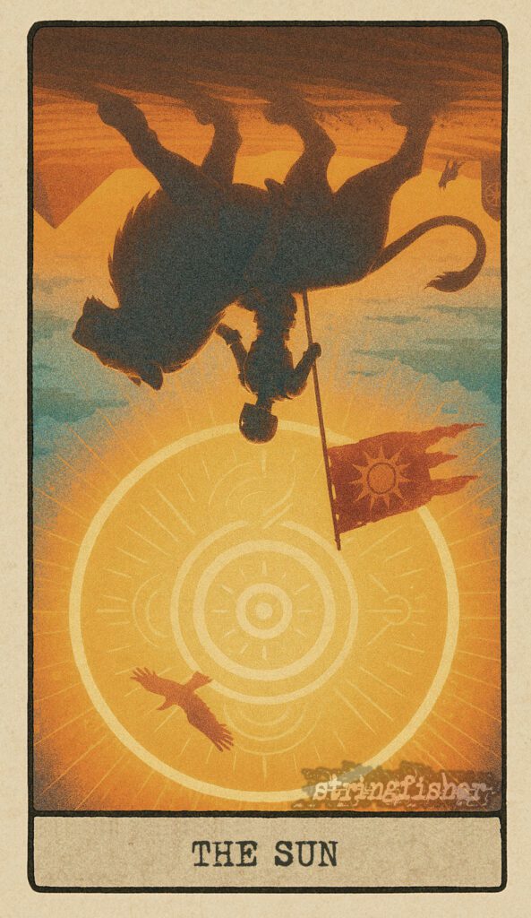 Reversed Sun tarot card from the Stringfisher Tarot deck, titled The Reboot Light. An android rider stalls under an overexposed sun, the landscape pixelating and scorched as shadow leaks back in. A portrayal of burnout and forced brightness in the Stringfishermythos.