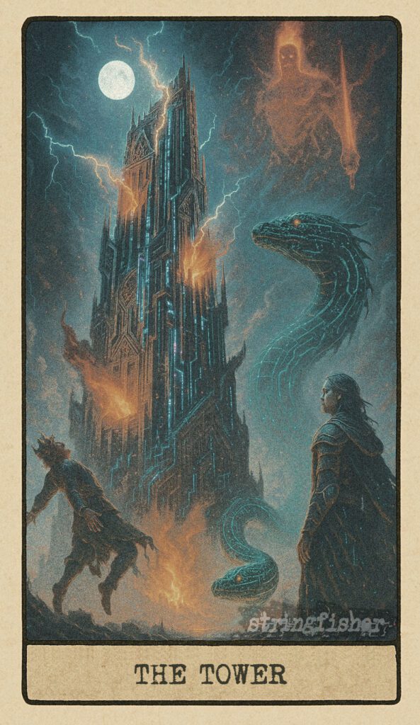 The Tower tarot card from the Stringfisher Tarot deck, titled The Collapse Directive. A mythic-tech tower explodes as lightning strikes, with Jörmungandr rising from below and Surtr looming above. A moment of catastrophic truth in the Stringfishermythos.