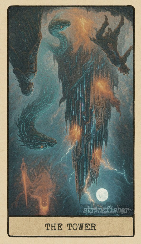 Reversed Tower tarot card from the Stringfisher Tarot deck, titled The Collapse Directive. A cracked mythic tower remains standing but trembles with hidden fractures as Jörmungandr coils below and Surtr watches silently. A delayed catastrophe in the Stringfishermythos.
