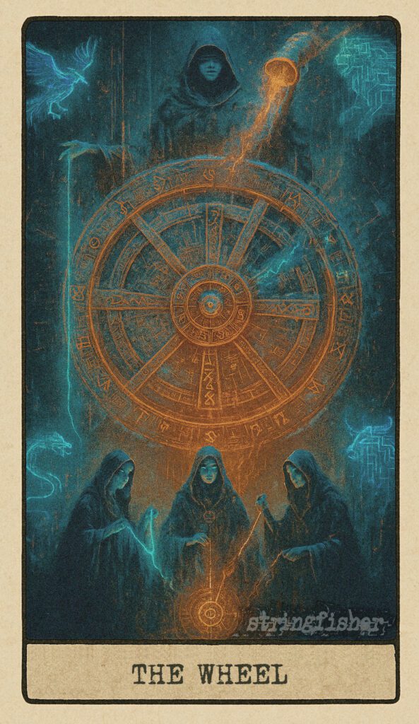 The Wheel tarot card from the Stringfisher Tarot deck, titled The Loop Engine. A mechanical glyph-stamped wheel turns in a digital void, surrounded by mythic figures and elemental watchers. The recursive force within the Stringfishermythos.