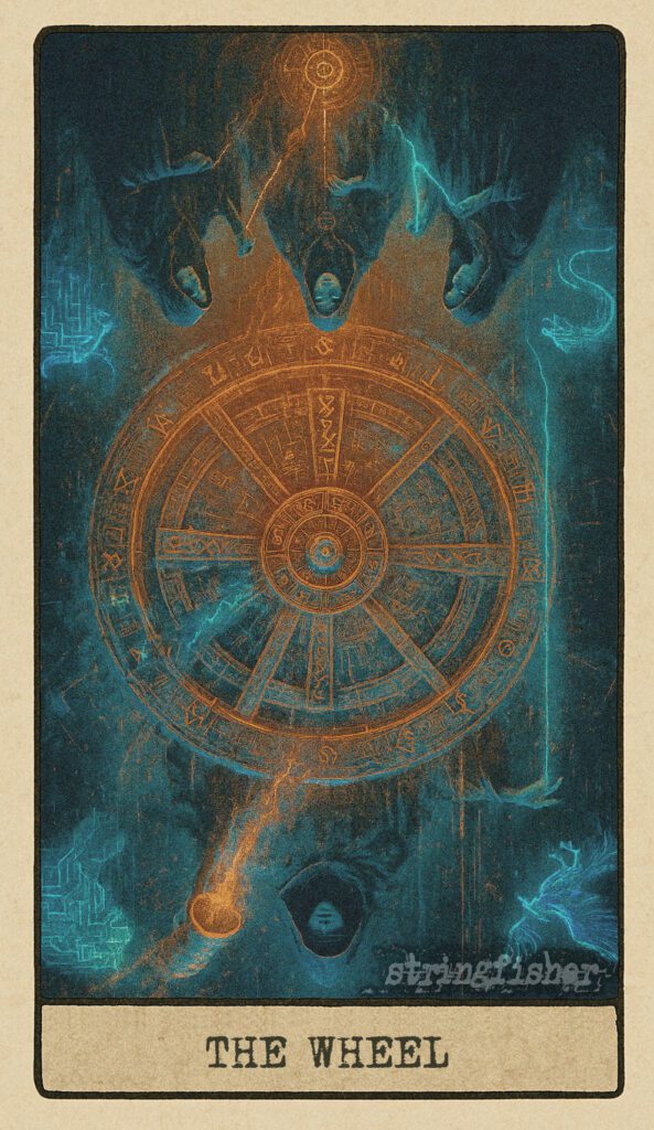 Reversed Wheel tarot card from the Stringfisher Tarot deck, titled The Loop Engine. A corrupted digital wheel stutters mid-turn, surrounded by fragmented symbols and blind watchers. A malfunction in the myth-cycle of the Stringfishermythos.
