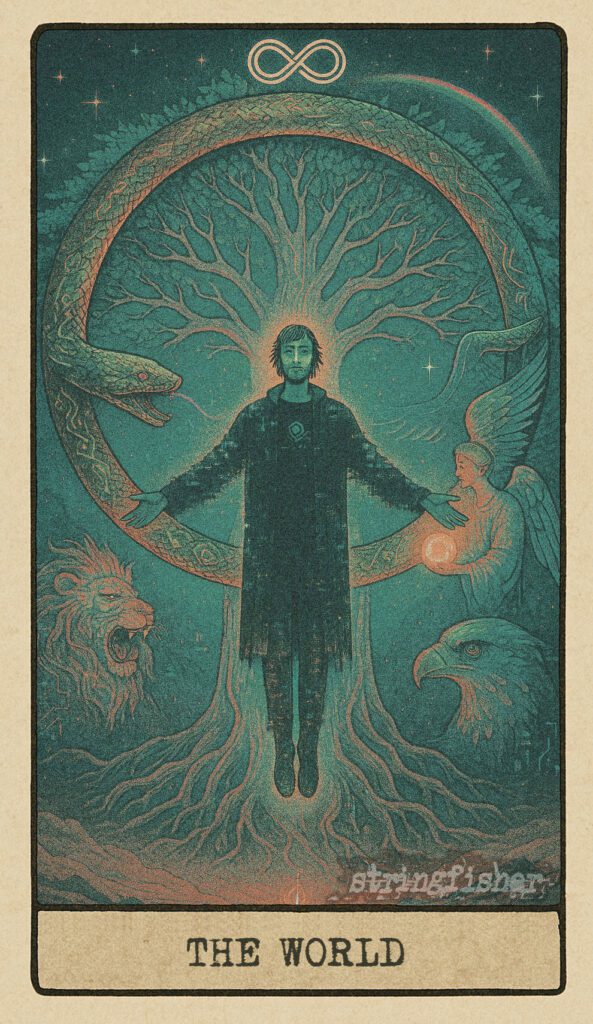 The World tarot card from the Stringfisher Tarot deck, titled The Closed Loop. A luminous Yggdrasil entwined by the Ouroboros encircles a balanced figure in open embrace. Symbols of unity and recursion pulse through this final mythic moment in the Stringfishermythos.